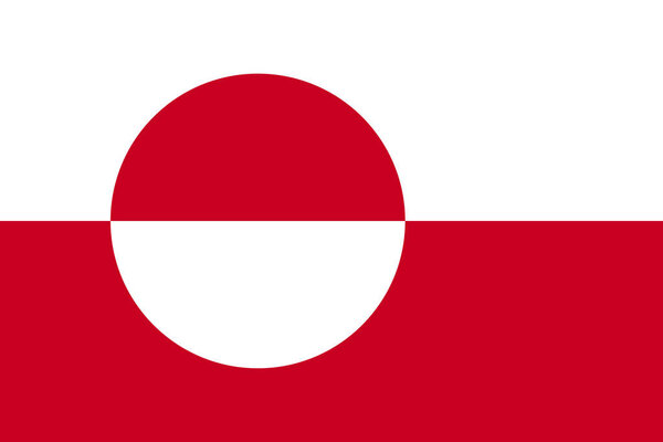 Flag of Greenland, Erfalasorput. Red and white with a circle symbolizing ice, sun, and ocean. Represents Inuit culture and Arctic unity.