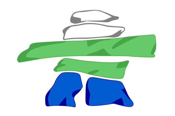 Флаг Нунациавута с голубыми, белыми и зелеными горизонтальными полосами с символом Инуксука. Представляет инуитскую автономию, лабрадорскую идентичность и культурное наследие.