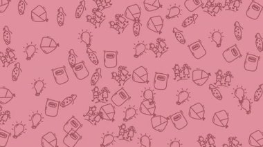 Arka planda çocukların garip çizimleri, ampuller, defterler ve uçurtmalar var. Eğitim malzemeleri, çocuk kitapları veya okul temalı tasarımlar için mükemmel..