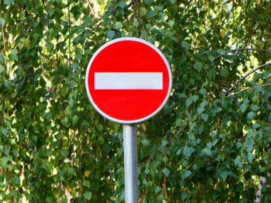 Trafik işareti yok. Ağaç arkaplan ile sokakta giriş veya yanlış yol yasaklaması yok.