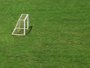 Dışarıdaki futbol sahasında küçük bir gol ve yeşil çimlerle kaplı bir arazi.