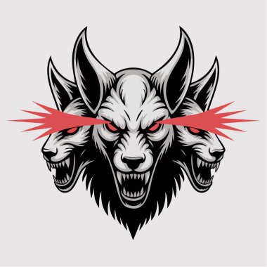 Keskin dişleri ve parlayan kırmızı gözleri olan, gözlerinden lazer ışınları saçan üç başlı vahşi kurt.