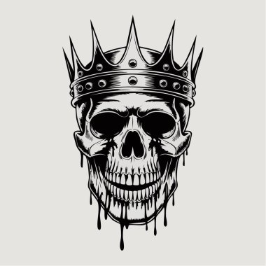 Tacın ve kafatasının damlayan etkilerini içeren siyah ve beyaz bir kafatası çizimi.