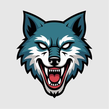 Tehditkar bir sırıtışı ve keskin dişleri olan, stilize edilmiş, grafik bir sanat formunda tasvir edilmiş bir kurt kafasının yakın çekimi..