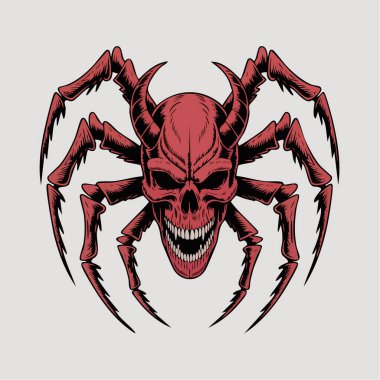 Keskin bacakları ve tehditkar boynuzları olan kafatası olan korkunç kırmızı bir örümcek ayrıntılı bir illüstrasyon stili çizmiş..