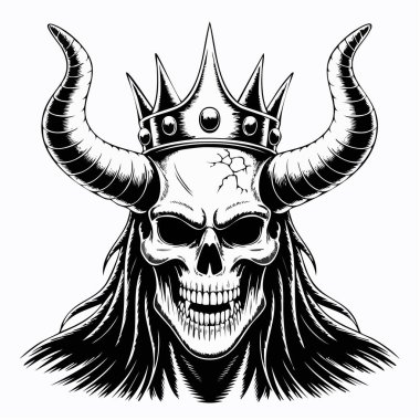 Taç takan ve büyük boynuzları olan, tehditkar bir ifadeye sahip bir kafatasının detaylı bir çizimi..