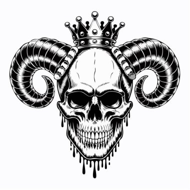 Büyük koç boynuzlarıyla süslenmiş bir kafatası ve damlayan efektlerle süslenmiş kraliyet tacının detaylı bir çizimi..
