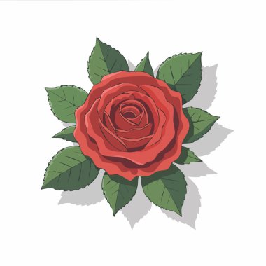 Katmanlı yaprakları ve parlak yeşil yaprakları olan canlı kırmızı bir gülün yakın portresi.