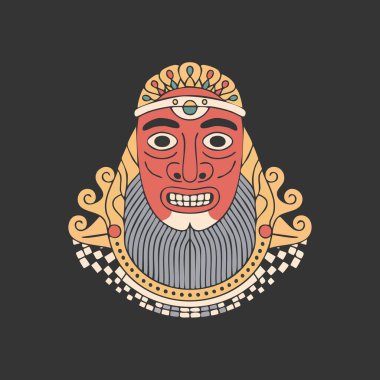 Renkli bir kabile maskesine yakın kırmızı bir yüz, taç ve dekoratif bir sakal.