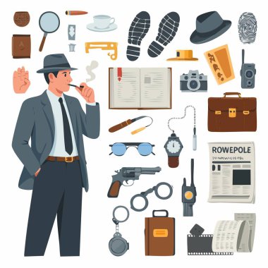 Soruşturma için klasik aletlerin ve aletlerin arasında duran bir dedektif.