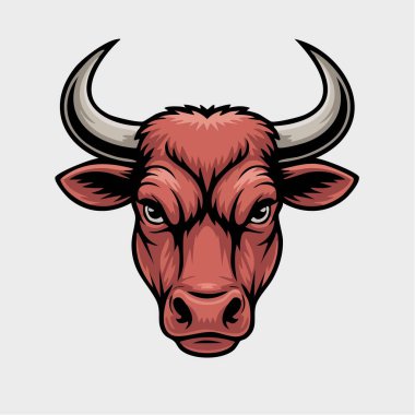 Güçlü özellikleri ve yoğun bakışları olan cesur kızıl boğa kafası çizimi.