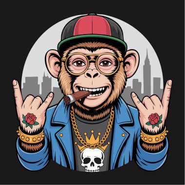 Gözlüklü, mavi ceketli, taç amblemli ve mücevherli bir çizgi film maymunu.