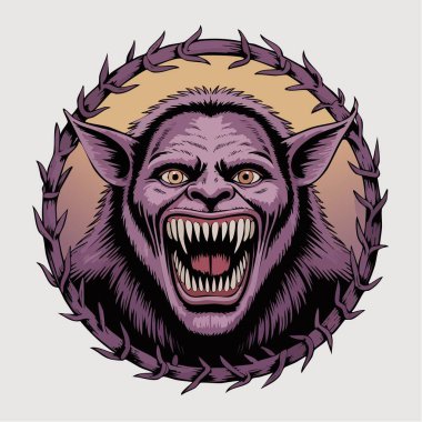 Dikenli dairesel bir çerçeve içinde hırlayan, büyük dişleri olan vahşi bir canavarın kafasını kapatın.