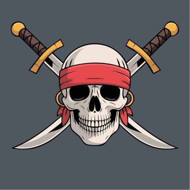 Kafatası kırmızı bir bandana takıyor ve arkasında iki kılıç var.