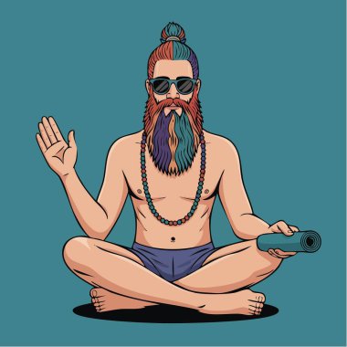 Resimli sakallı yogi güneş gözlüğü ve boncuklarla meditasyon yapıyor.