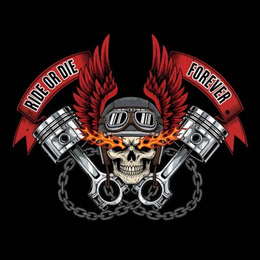 Pistonlar ve zincirli kanatlarla çevrili gözlüklü bir kafatası tasviri cesur bir motorcu amblemi oluşturur.