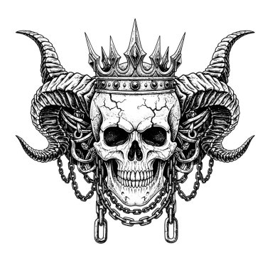 Boynuzları ve zincirleri olan mücevherli bir taç takan ayrıntılı kafatası.