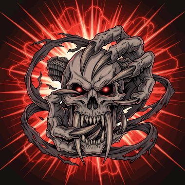 Metal tüplerle güçlendirilmiş kafatası ve ışıl ışıl parlayan kırmızı gözler.