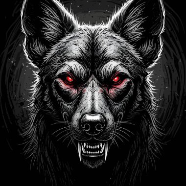 Kıpır kıpır parlayan kırmızı gözleri ve siyah kürkü olan kurdun kafasını kapat.