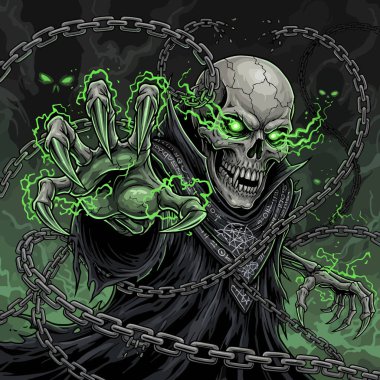 Kara fantezi Azrail iskeleti pelerinli, elleri zincirli ve parlayan yeşil gözlerle öne uzanıyor.