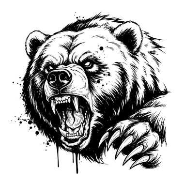 Kükreyen bir ayının açık çeneli ve keskin dişli cesur bir tek renkli taslağı.