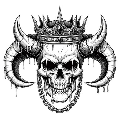 Ayrıntılı monokrom kafatası, büyük kavisli boynuzları taç ve zincir takıyor.