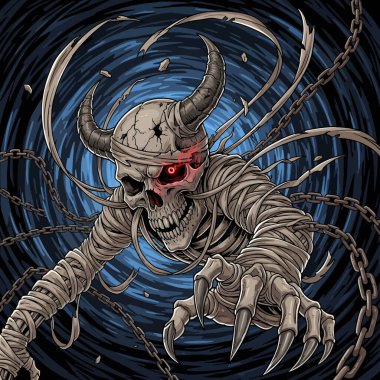 Büyük boynuzları ve keskin pençeleri olan saldırgan iskelet iblisi izleyiciye doğru uzanıyor.