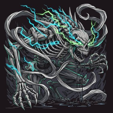 Ana denek elektrik enerjisiyle aydınlatılmış bir iskelet ejderha.