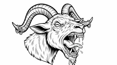 Boynuzlu bir keçi kafası, homurdanan bir ifade ve görünen dişler.