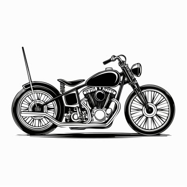 Açığa çıkmış motorlu klasik bir motosikletin detaylı çizimi.
