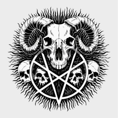 Dairesel pentagram okült sembollü koyu boynuzlu kafatası
