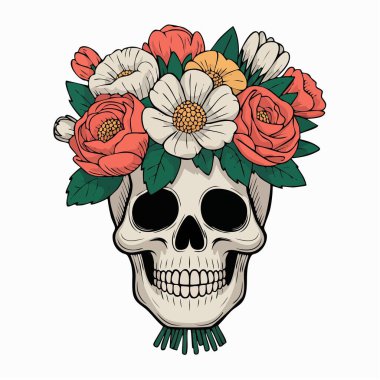 Çarpıcı bir süs oluşturan canlı bir çiçek tacıyla süslenmiş bir kafatası.