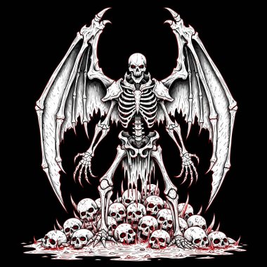 Koyu fantezi kanatlı iskelet iblisi. Kafataslarının üzerinde dimdik duruyor.