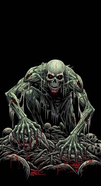 Zombi, esrarengiz siyah arka planda parçalanmış pelerinle ortaya çıkıyor.