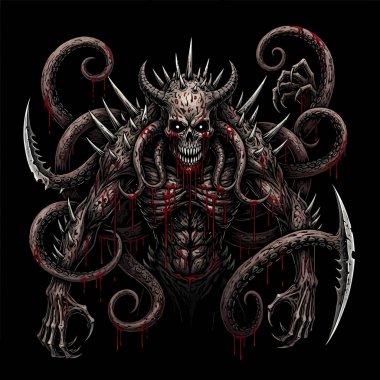 Gotik bir fantezi illüstrasyonunda boynuzlu, kafataslı ve dokunaçlı acımasız şeytani figür.