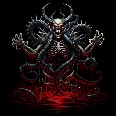 Bir iskelet göğüs ve siyah bir arka plana karşı birden fazla boynuz içeren tehditkar bir iblis silueti..