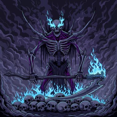 Parlak mavi ateş ve iskelet kafatasları ile güçlü şeytani varlık kötü bir sahne yaratıyor