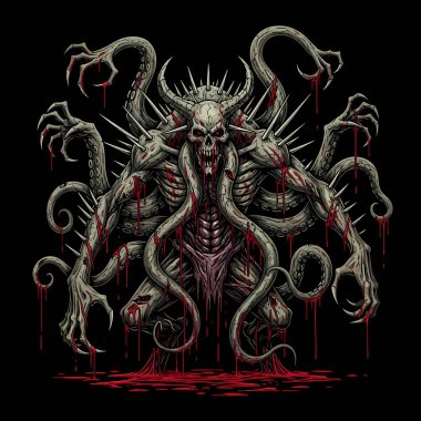 İskelet yüzlü ve kıvranan dokunaçları olan güçlü şeytani iblis çerçeveye hükmediyor.