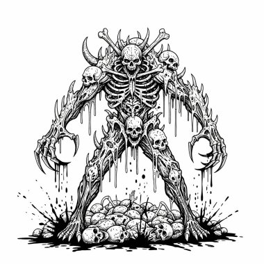 Kemik ve kafataslarından oluşmuş korkunç bir iskelet canavarı. Koyu dramatik bir duruşla ayakta duruyor.