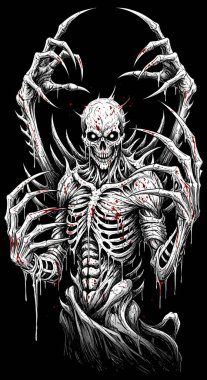 Kalkmış kemikli elleri olan detaylı bir iskelet figürü siyah arka plana karşı duruyor ürkütücü ve ürkütücü bir varlık yaratıyor.