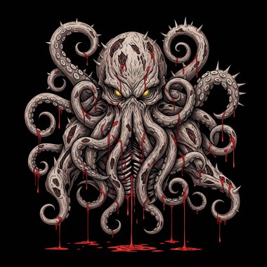 Kafası gibi merkezi bir kafatası ve kıvrımlı uzuvları ve kırmızı aksanlarıyla çevrili koyu tenli bir canavar..
