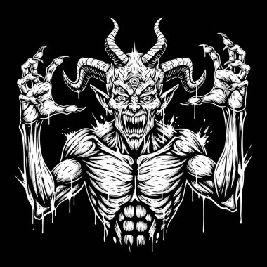 Güçlü boynuzlu iblis iskelet göğsüne saldırmaya hazır.