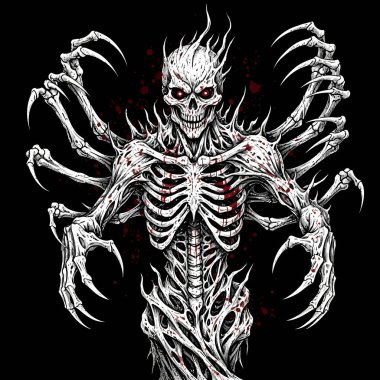 Karanlık bir arka plana karşı kollarını açmış ürkütücü bir iskelet yaratık.