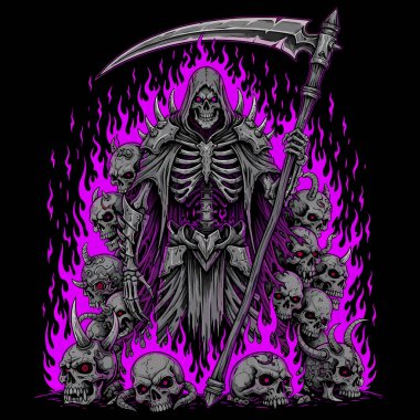 Mor ateş ve kafatasları arasında tırpan tutan karanlık ölüm meleği figürü.