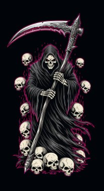 Kafataslarıyla çevrili bir tırpan tutan kara pelerinli ölüm meleği.