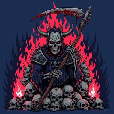 Koyu renk kapüşonlu ölüm meleği arka planda kırmızı alevler olan kafataslarının arasında oturur.