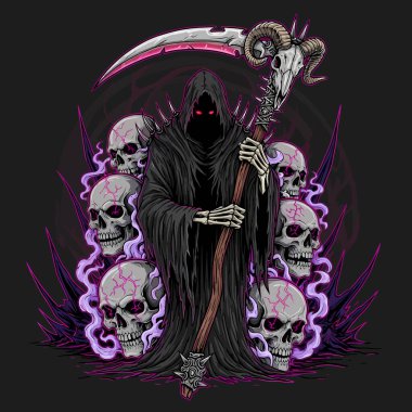 Koyu kukuletalı ölüm meleği kafataslarının arasında tırpan kullanıyor.