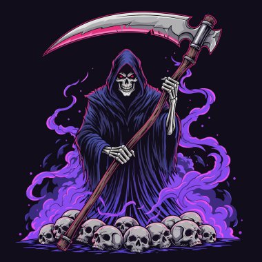 Siyah cüppeli ölüm meleği mor duman ve kafataslarıyla çevrili kavisli bir tırpan kullanıyor.