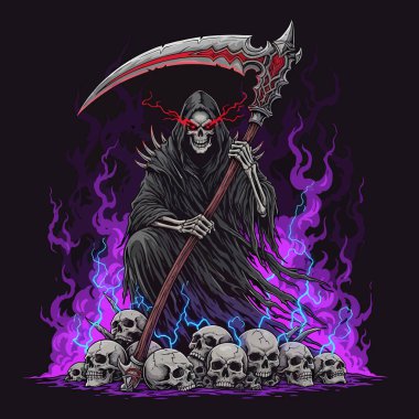 Kapüşonlu ölüm meleği, mor alevler ve kafatasları arasında büyük bir tırpan kullanır.