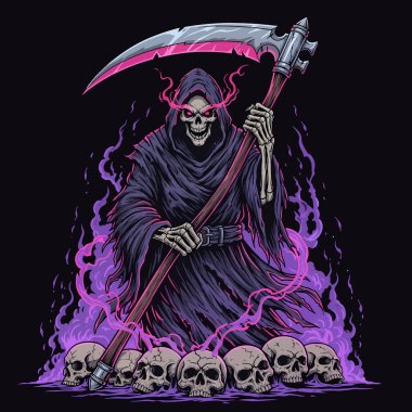 Kapüşonlu Azrail, koyu mor alevlerle dolu kafataslarının üzerinde büyük bir tırpan taşır..